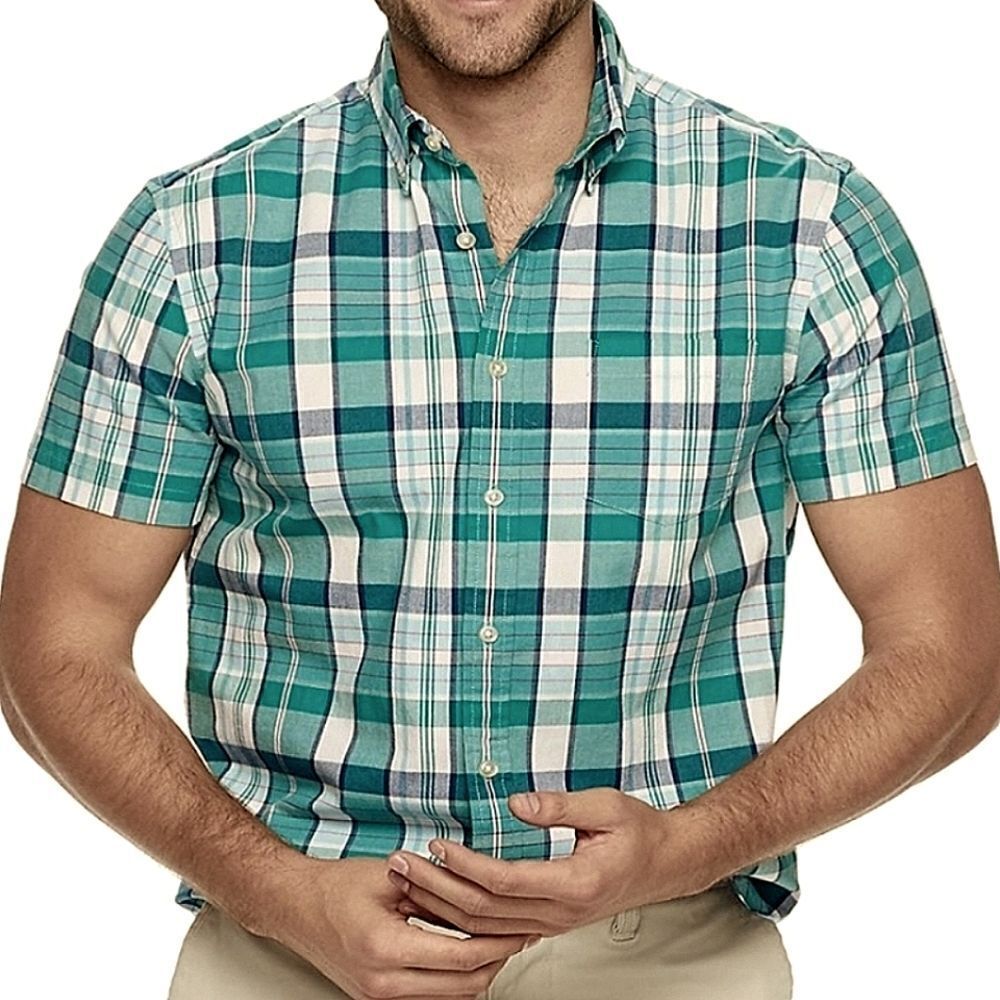 Sonoma Goods For Life® Men's Blue Green Plaid Button-down Short Sleeve Shirt